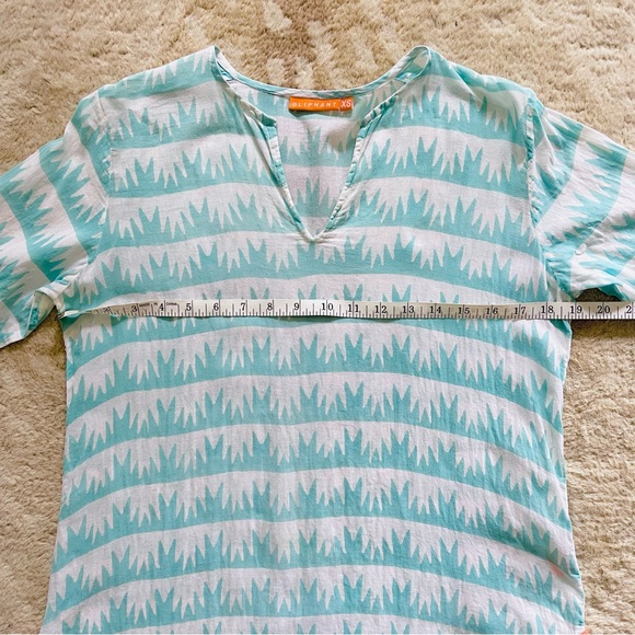 Oliphant Cotton Tunic Top Split V Neck 3/4 Sleeve White W/ Aqua Aloe Print Sz XS - Picture 3 of 13